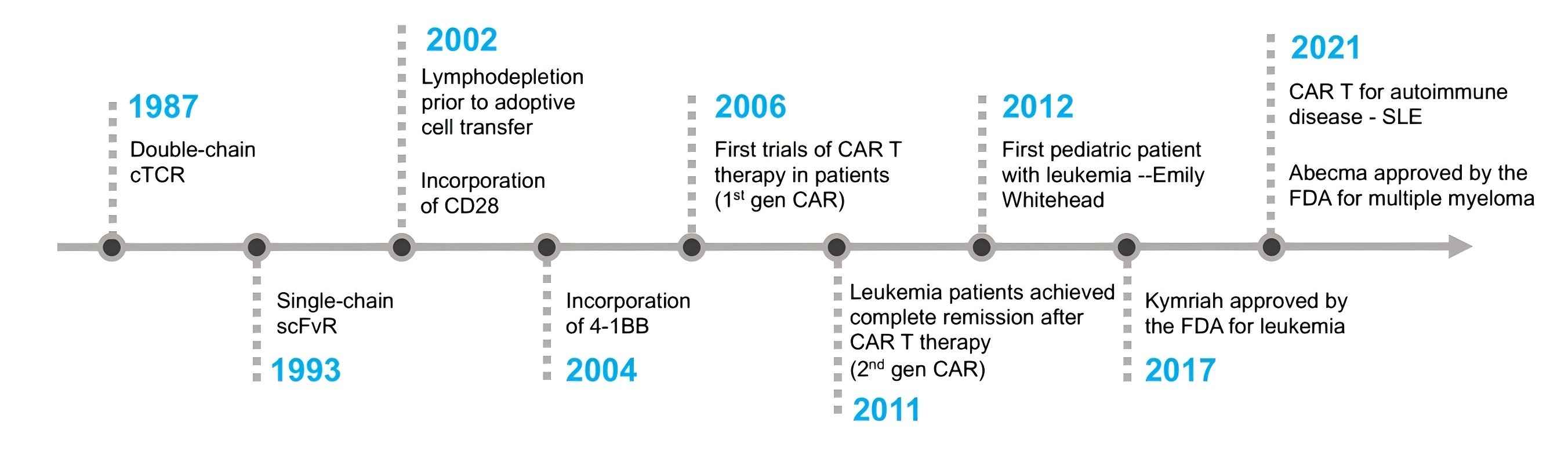 Timeline of CAR-T therapy development.